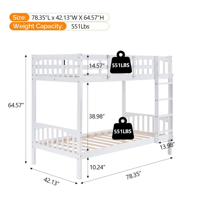 White Bunk Bed Twin Over Twin with LED Lights and USB Port Charge Station