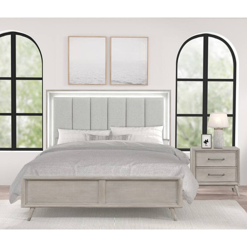 Roundhill Furniture Seluna 4-Piece Bedroom Set with Touch LED Lighting, Gray Oak Finish