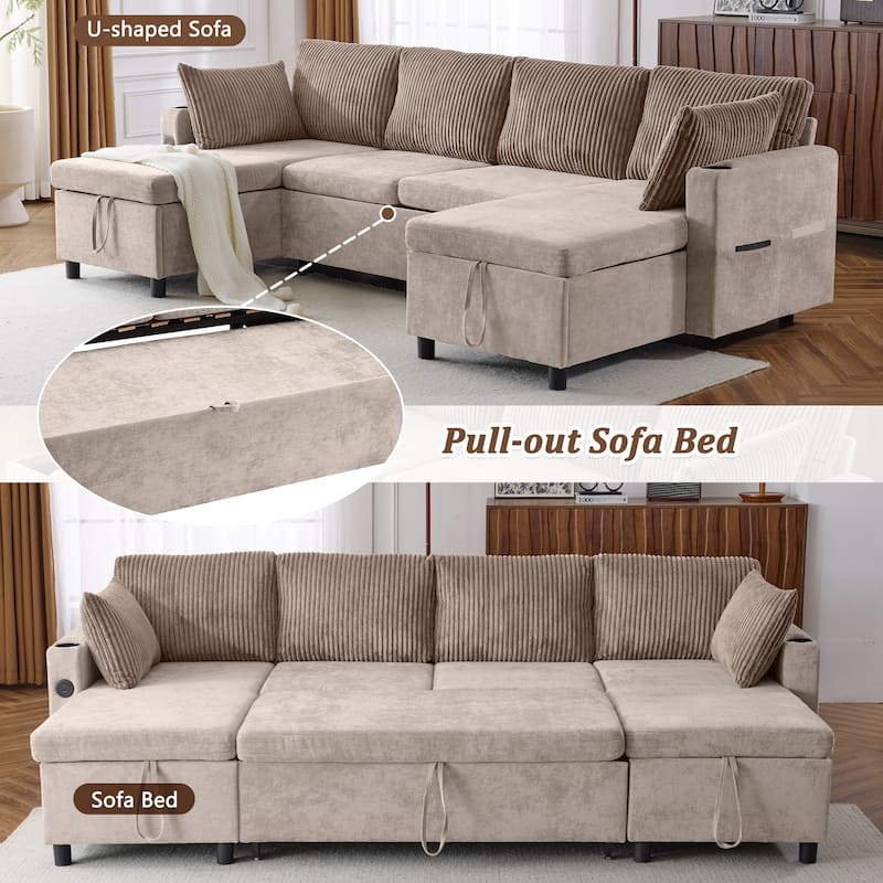 113.4" Sectional Sofa Pull-out Sofa Bed with Storage Space,Two USB Ports and Cup Holders