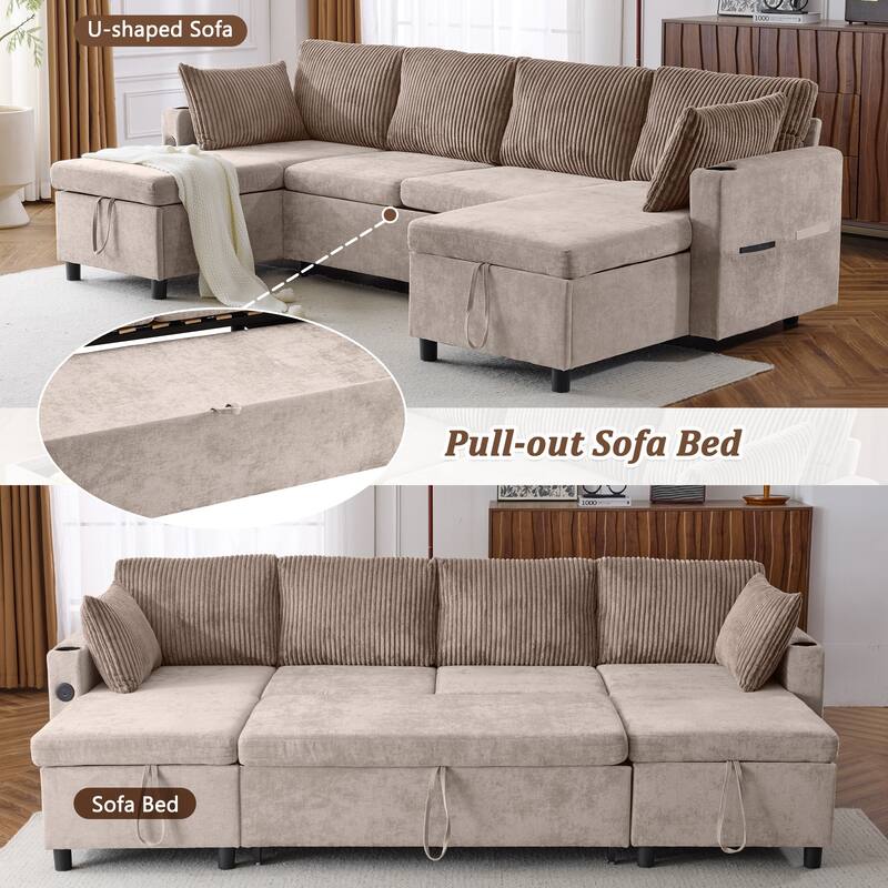 Multifunctional Sectional Sofa Bed with Pull-Out Sleeper, Dual Storage Chaises, USB Ports and Cup Holders for Living Room