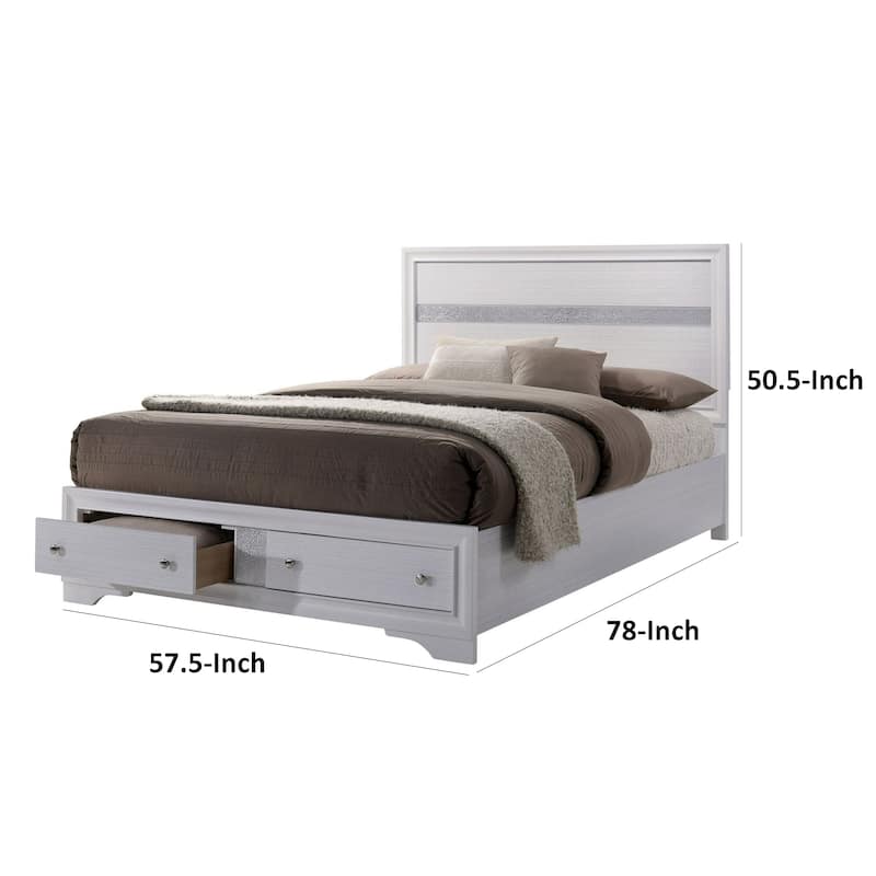 Cevy Full Size Bed, Footboard Drawers, White Wood w Glitter Accents