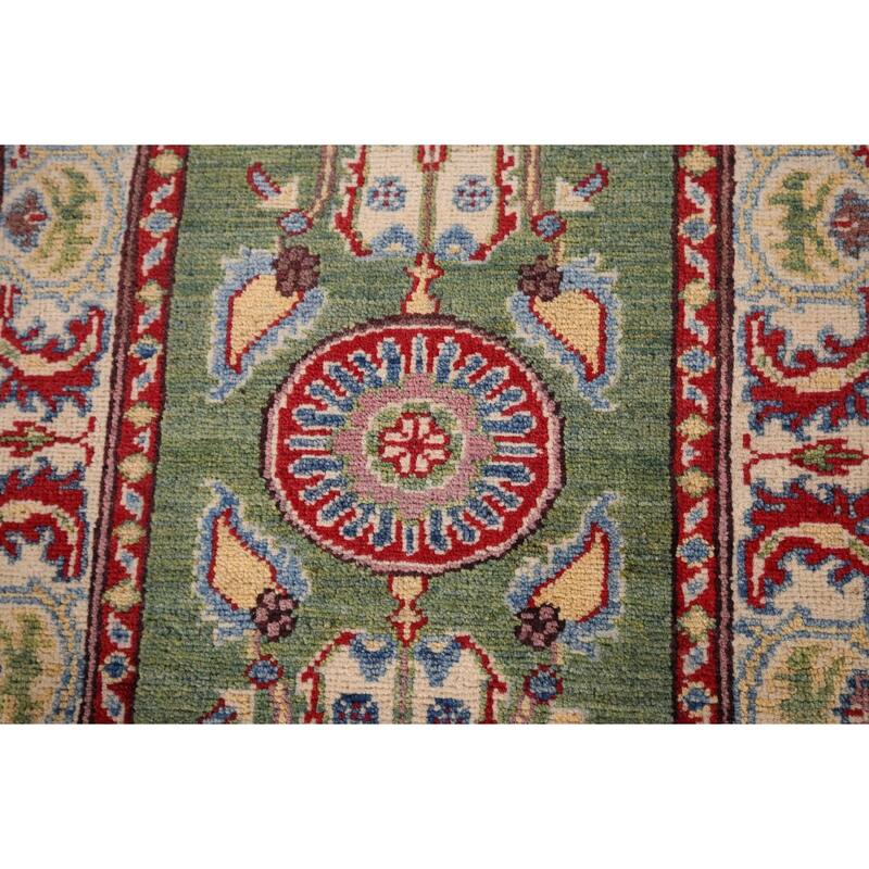 Green Geometric Kazak Foyer Rug Hand-Knotted Wool Carpet - 2'0" x 2'8"