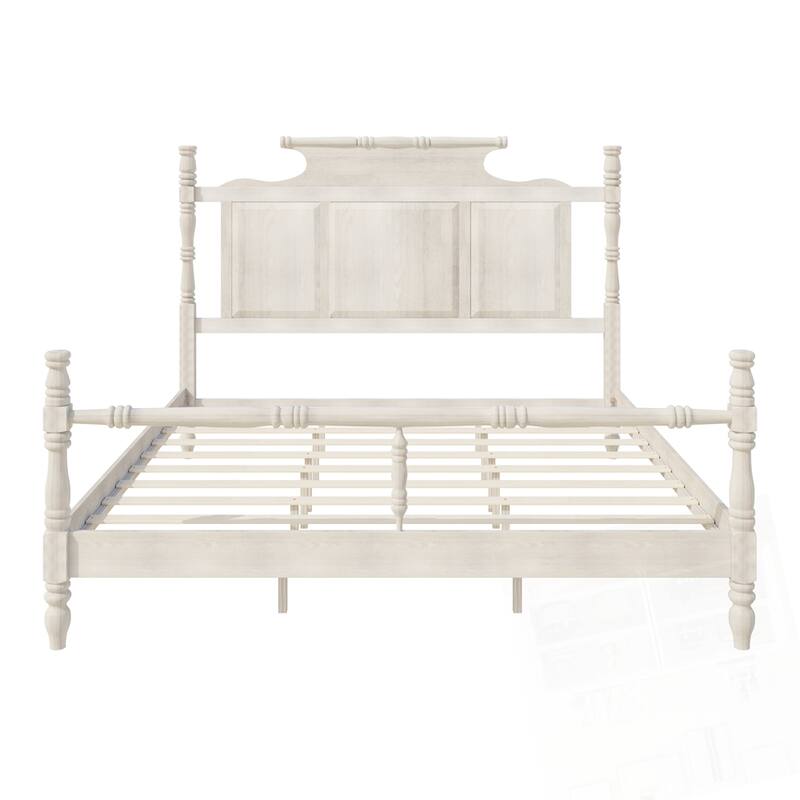 Vintage Country Style Wood Four Poster Platform Bed with High Crown-like Headboard