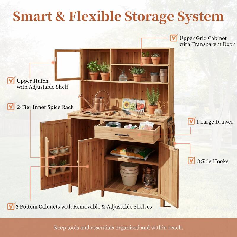 Roomfitters 65" Garden Potting Bench with Storage Hutch, Outdoor Potting Table & Prep Station, Drawer, Cabinet, Shelves