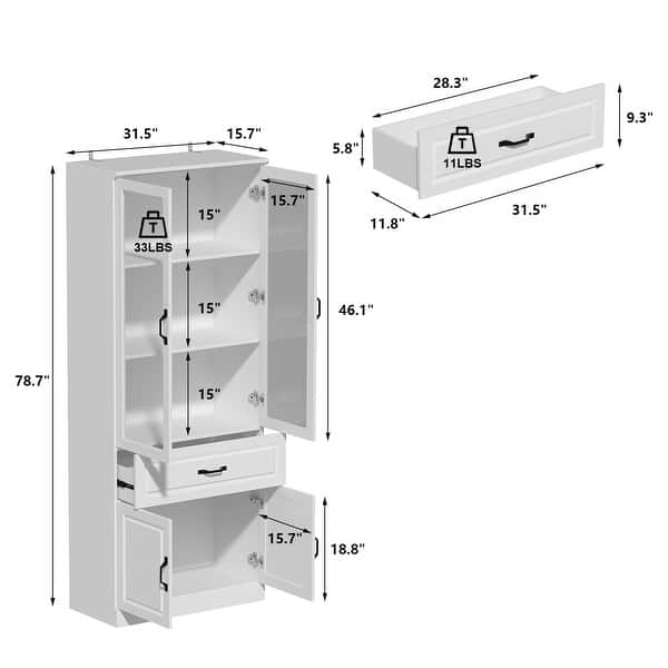 dimension image slide 5 of 6, 78.7"Modular White Curio Bookcase Cabinet w/Glass Doors Buffet Display