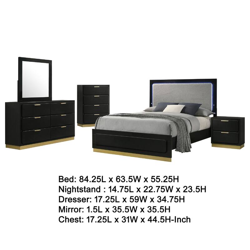 Caer 5pc Queen Bedroom Set in Black, Gold Accents, Gray Upholstery