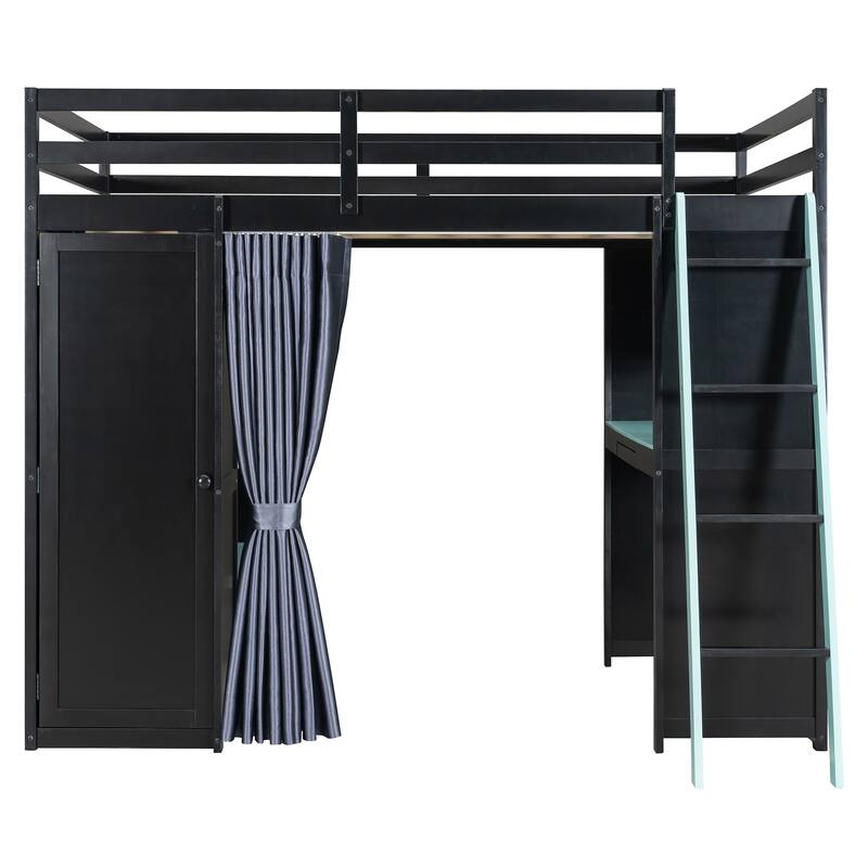 All-in-One Loft Bed Full Size Bedframe with Wardrobe, Shelves, Blackout Curtains, Pegboard, Charging Station and RGB Light Strip