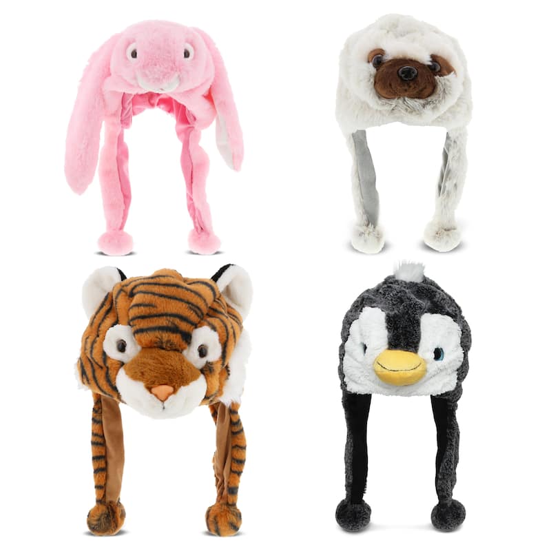 DolliBu Zoo Animal Plush Hat Set of 4 – Bunny, Tiger, Penguin, Sloth - One Size