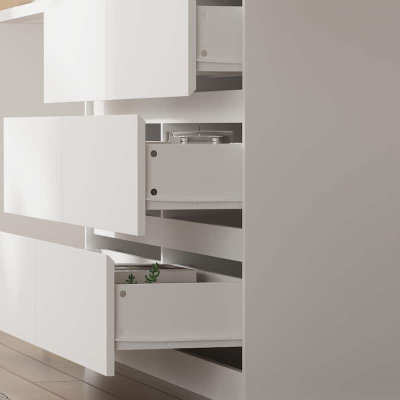 L-Shaped Desk with 6 Drawer Dresser, Extendable Adjustable Vanity Writing Table, Handleless Storage Cabinet