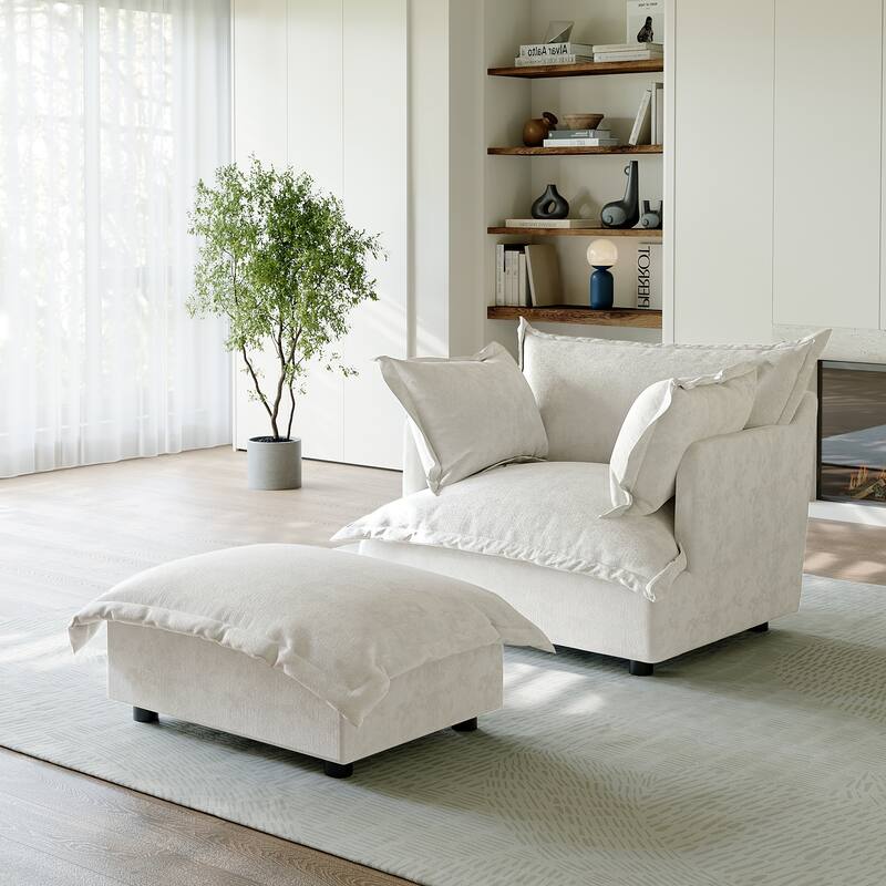 39"W Oversized Chenille Comfy Cloud Chaise Lounge with Ottoman