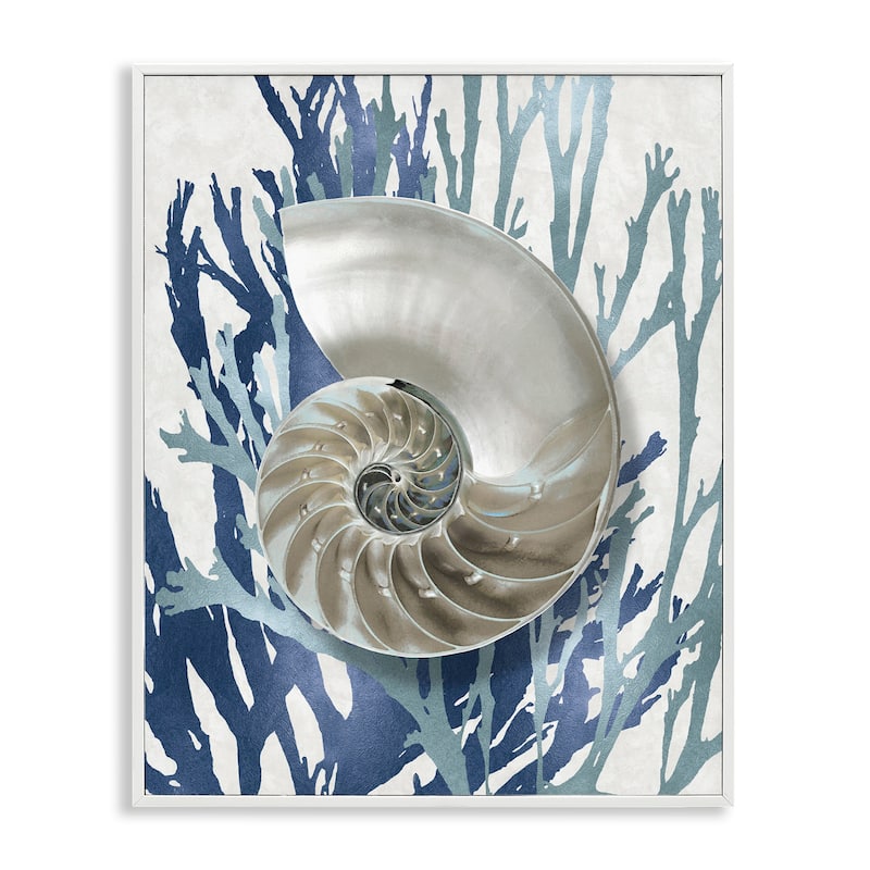 Stupell Shell Coral Beach Blue Design Framed Giclee Texturized Art by Caroline Kelly - 11 x 14 - White