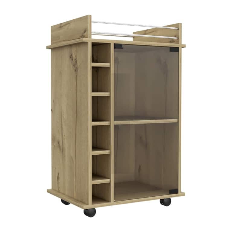 Sleek Bar Cart with Glass Door, Six Wine Cubbies, Locking Casters, Top Shelf - Carbon Espresso