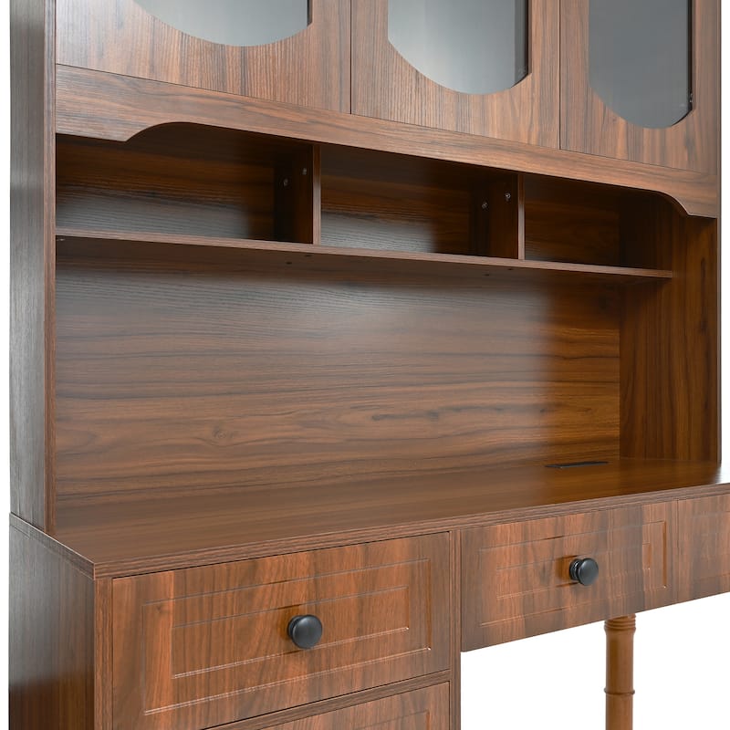 Computer Desk with Charging Ports & Hutch, Office Desk with 5 Drawers & Transparent Glass-Door, Home Executive Computer Desk