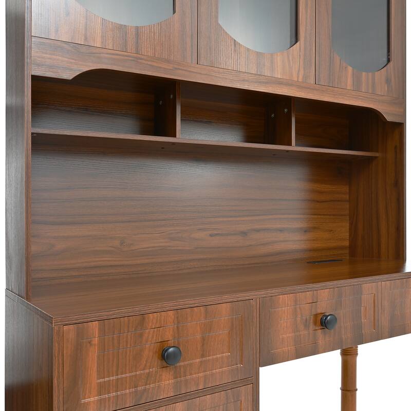 Retro Office Desk Executive Computer Desk with Charging Ports & Hutch, 5 Storage Drawers, Glass-Door Bookshelf