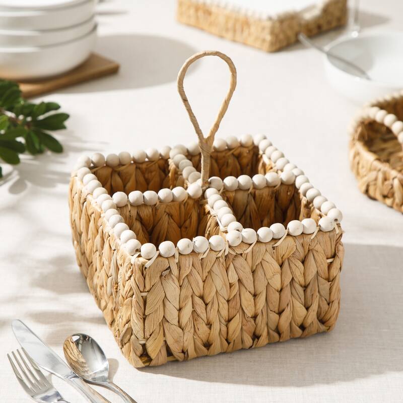 Gibson Home Woven Utensil Caddy with 4 Compartments, Natural Hand-Braided Water Hyacinth Basket with Wood-Bead Trim