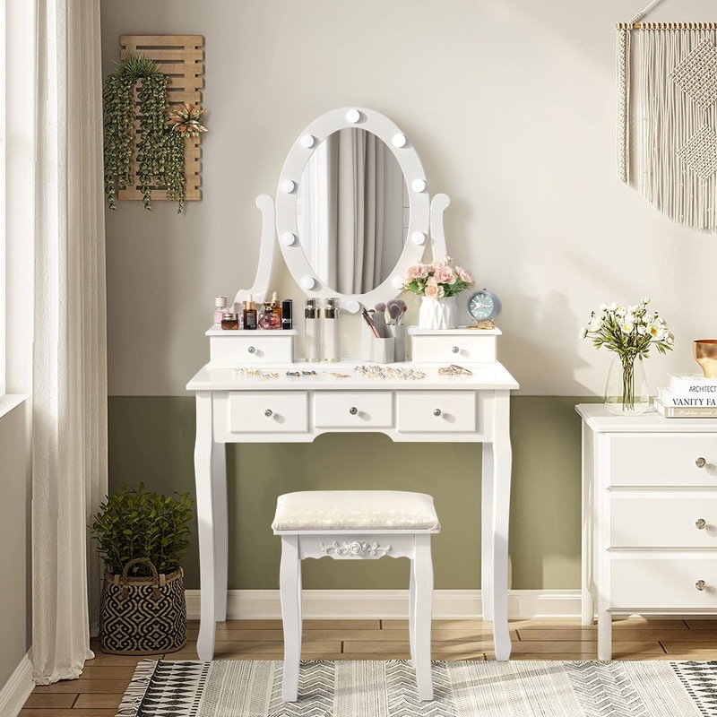 Modern 5-Drawer Vanity Makeup Table Set With Light Bulbs