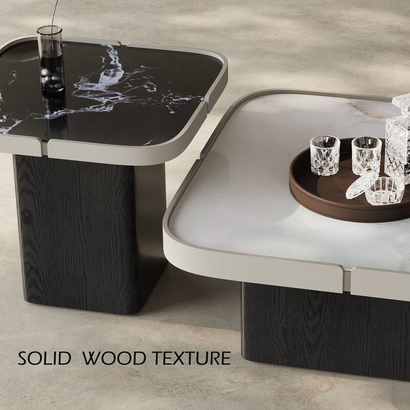 32.28+21.65" Modern Coffee Table Set of 2,Faux Marble Table top, Black solid wood legs