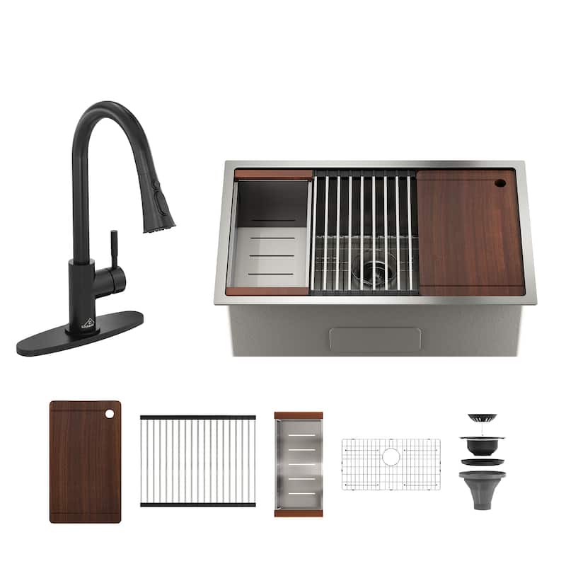 Undermount Single Bowl Nano Brushed Stainless Steel Workstation Kitchen Sink with Pull-Down Kitchen Faucet and Accessories - 30" Nano Brushed Sink + 2-Spray Pull-Down Faucet - 30 x 19 x 10