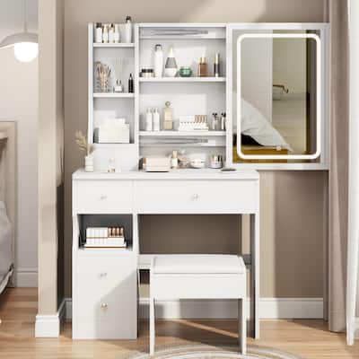 Small Space Left Drawer Desktop Vanity Table,Cushioned Stool,Extra Large Touch Control Sliding LED Mirror