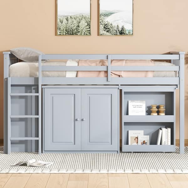 slide 2 of 12, Rubber Wood Loft Bed with Drawer and Pulling-Out Desk,Twin Size Grey