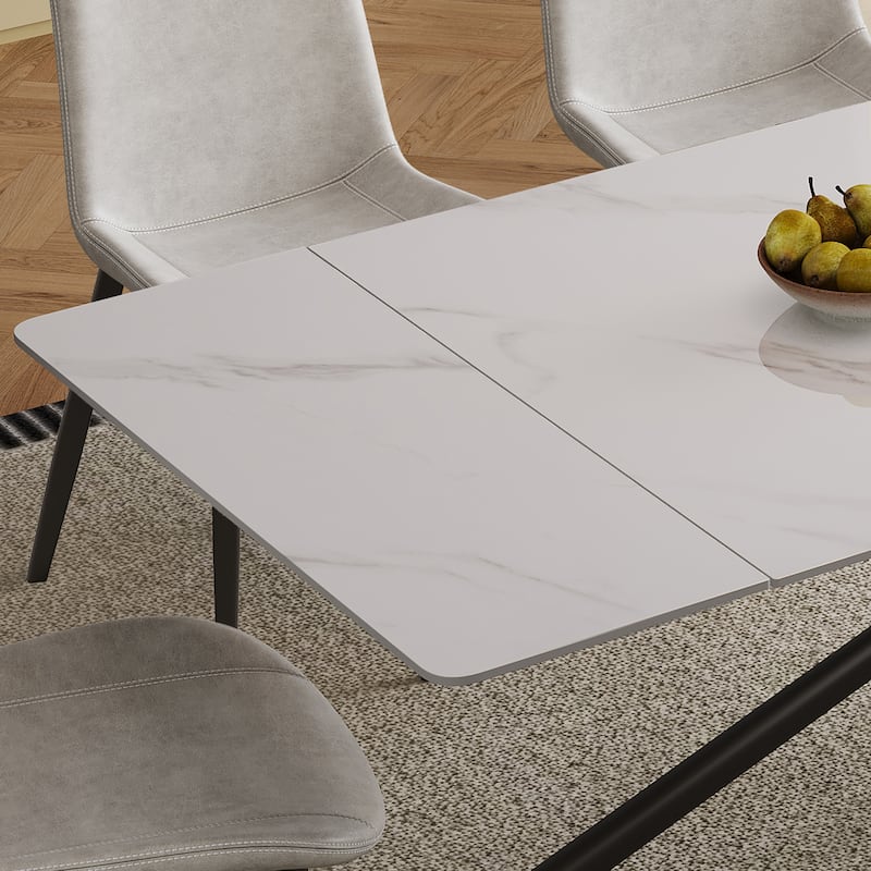 Retractable Sintered Stone Dining Table Set,with steel legs and a cross-leg structure at the bottom(Table + 4 Chairs)