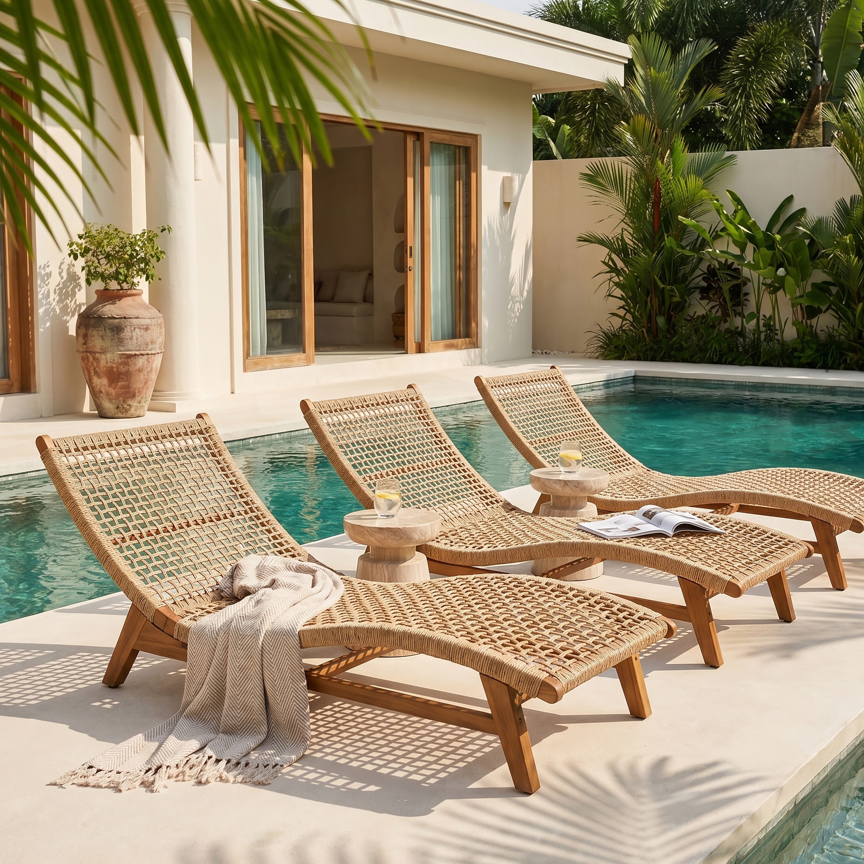 Christopher Knight Home Virelia Acacia Wood Outdoor Sun Lounger Set with Woven Rattan(Set of 4)