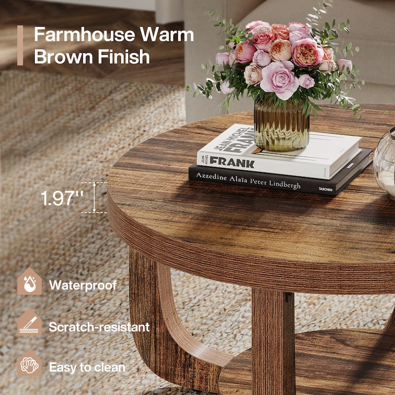 2-Tier Round Coffee Table, Wooden Accent Center Table for Living Room, Brown - Large