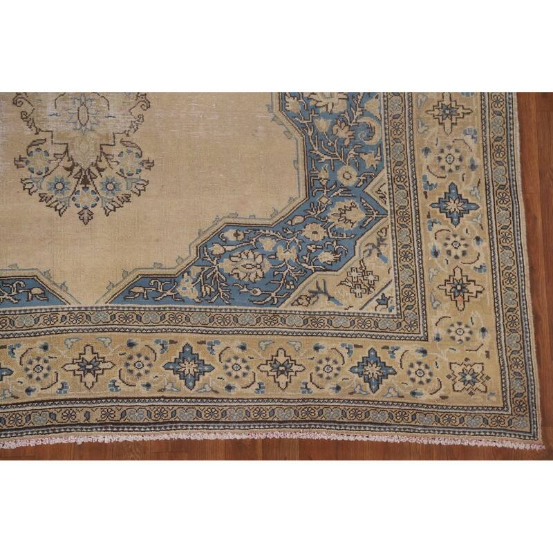 Hand Knotted Oriental 100% Wool Carpet Traditional Medallion Beige & Ivories Tabriz Area Rug - 10' 3'' X 6' 9''