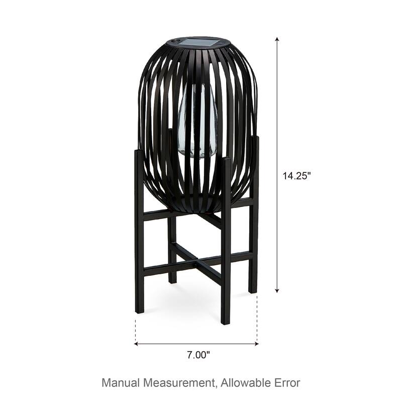 Glitzhome Outdoor Black Metal Striped Freestanding Solar Lantern Deck Lamp