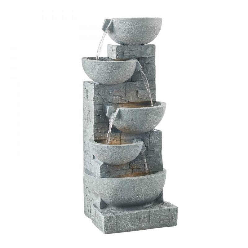 Modern Rock Grey 5-Tier Outdoor Water Fountain with LED Lights for Patio or Garden Decor - 12.99 x 12.20 x 31.50 in