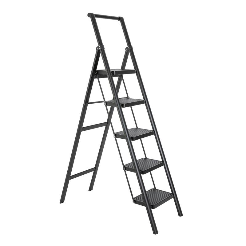 Black 5 Step Stool Folding Step Stool with Handrails
