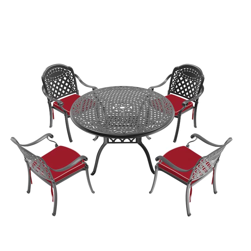 5/7-Piece Cast Aluminum Outdoor Dining Set with 48.03 in. Round Table and Random Color Cushions