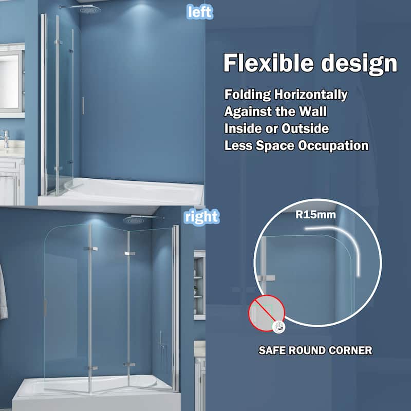 51" W x 59"H Three Plates Folding Tub Door Bathtub Screen with Clear Glass