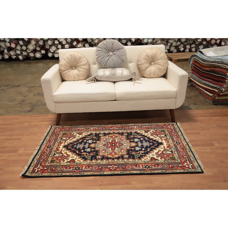 Hand Knotted Oriental 100% Wool Carpet Traditional Medallion Navy Blue & Blues Heriz (serapi) Area Rug - 5' 0'' X 3' 0''