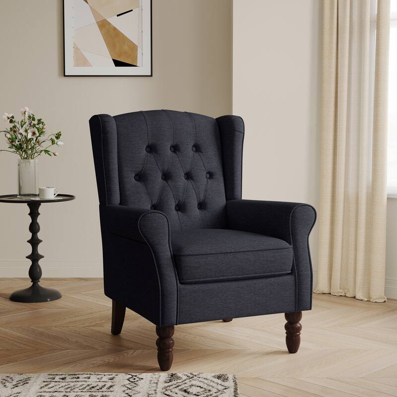 Button-Tufted Accent Chair Wingback Armchair - 38"H - BLACK BLUE