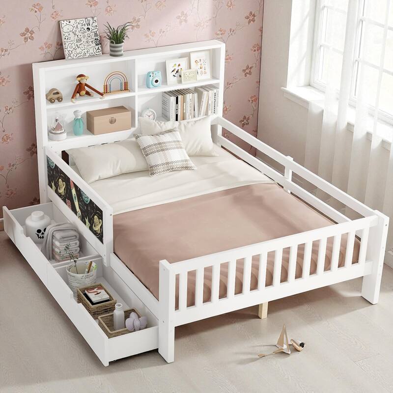 Twin/Full Solid Wood Platform Bed with Chalkboard Headboard, Storage Drawers and Shelves, Space-Saving Kids Bed