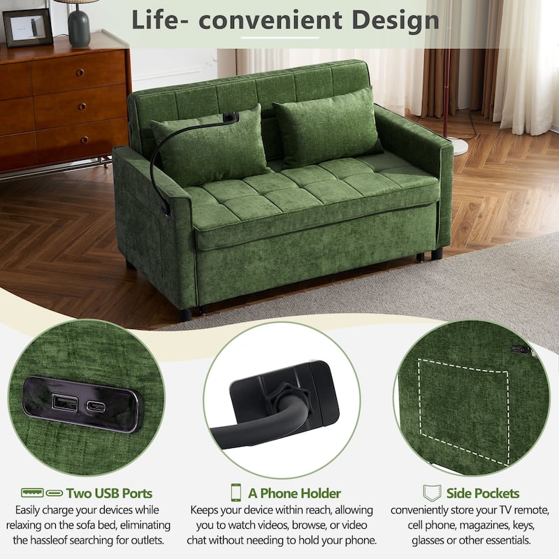 Roomfitters Loveseat Sleeper Sofa Bed with USB Ports, Reversible Cushion, Side Pockets and Phone Holder