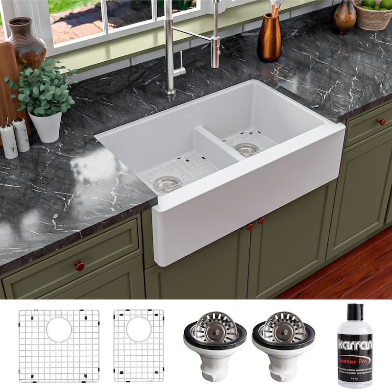 Karran Farmhouse/Apron-Front Quartz Double Bowl Kitchen Sink Kit