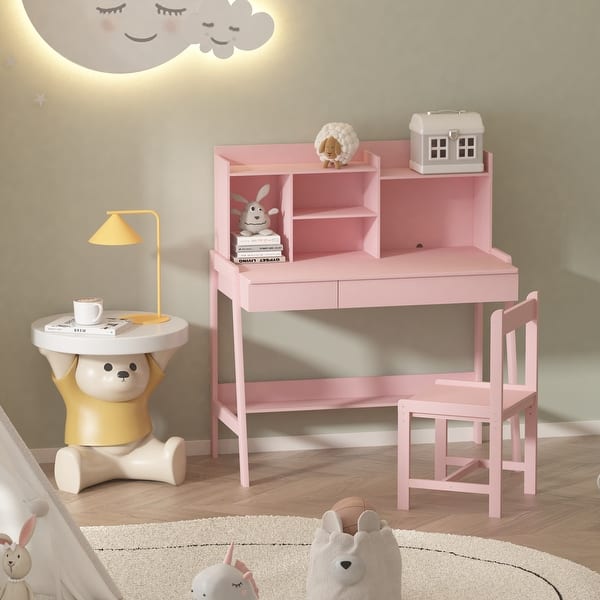 slide 2 of 27, Wooden Children Study Desk and Chair Set with Storage Pink