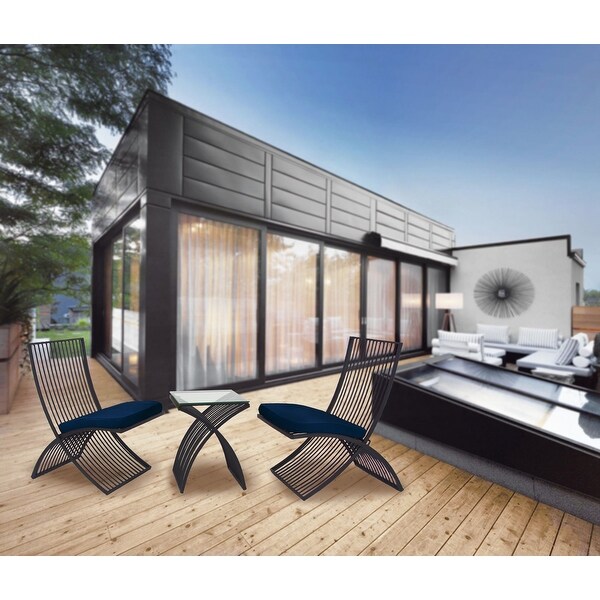Black Metal Small Folding Outdoor Seating Set with Navy Cushions