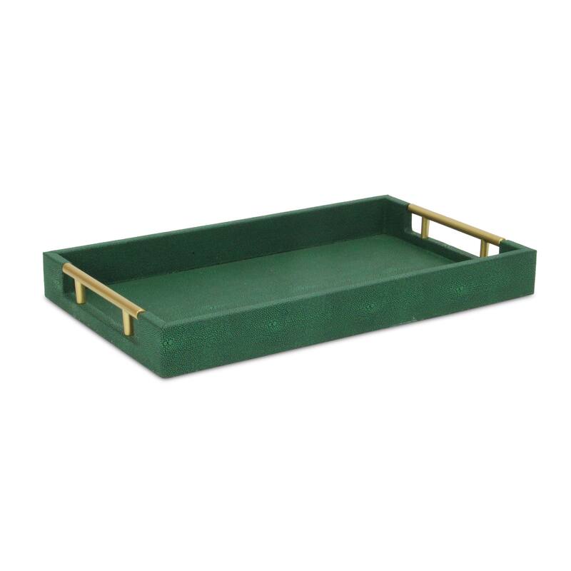 HomeRoots 16" Green Wood Wood Faux Shagreen Serving Tray With Handles