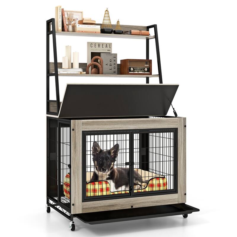 Gymax Dog Crate Furniture w/ Storage Shelves Industrial Dog Kennel w/ - Grey