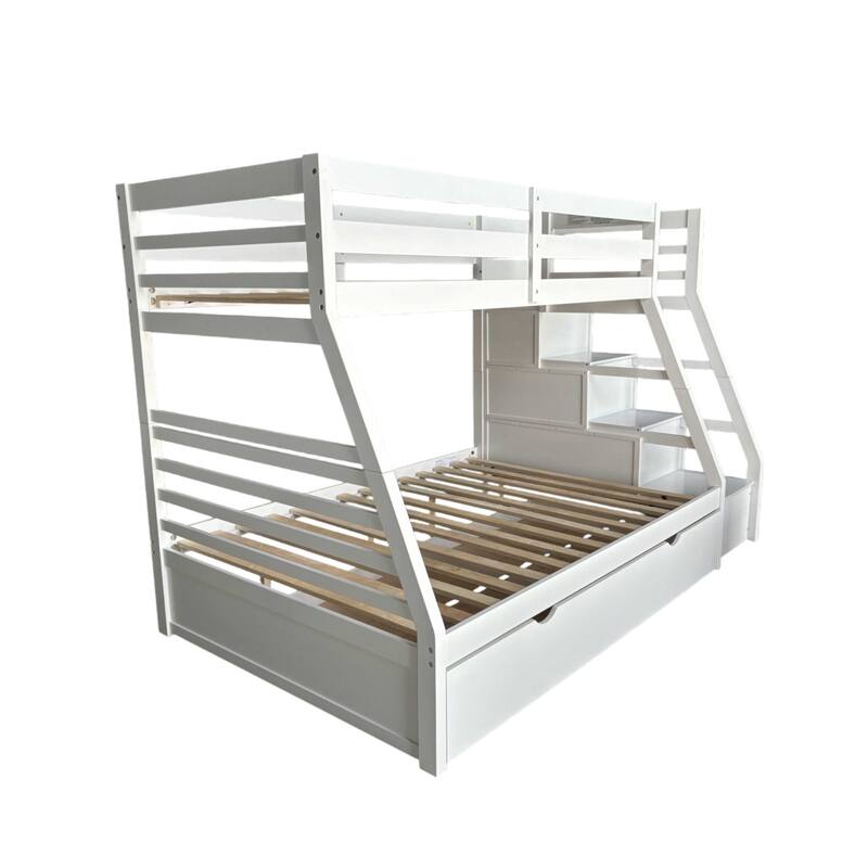 Twin/Full Bunk Bed with Trundle, Storage Ladder, and Drawers in Jason White Finish