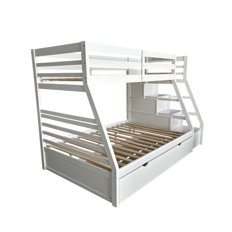 Twin over Full Wood Bunk Bed with Trundle and Built-in Storage Ladder