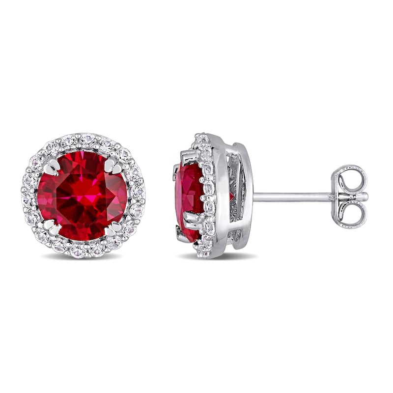 Miadora Sterling Silver 5 1/2ct TGW Created Ruby and White Sapphire Halo Stud Earrings - 11.1 mm x 11.1 mm x 6.5 mm