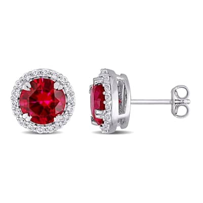 Miadora Sterling Silver 5 1/2ct TGW Created Ruby and White Sapphire Halo Stud Earrings - 11.1 mm x 11.1 mm x 6.5 mm