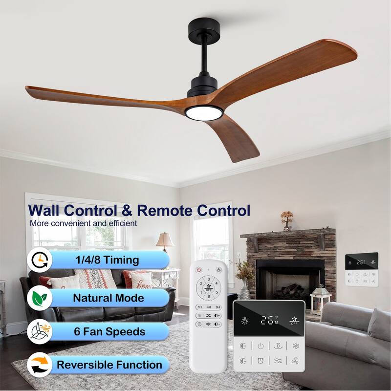 60 Inch Wood Ceiling Fan With 3 Solid Wood Blades Remote Control Reversible DC Motor For Living Room - Black