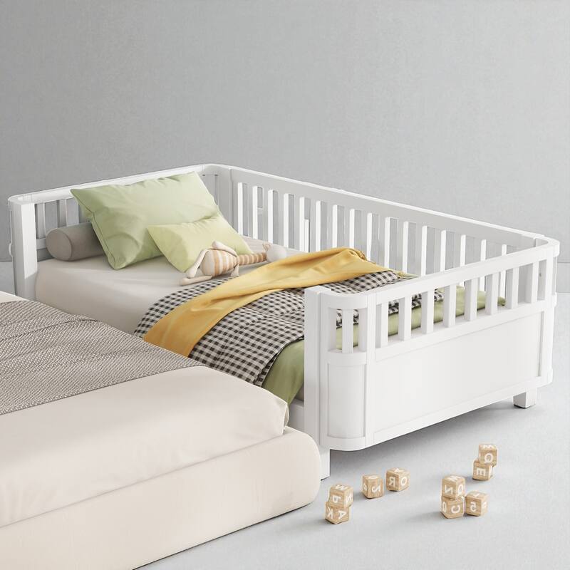 Twin/Full Size White Wood Platform Bed for Kids with Guardrails, Low Profile Toddler Bed Frame for Boys and Girls
