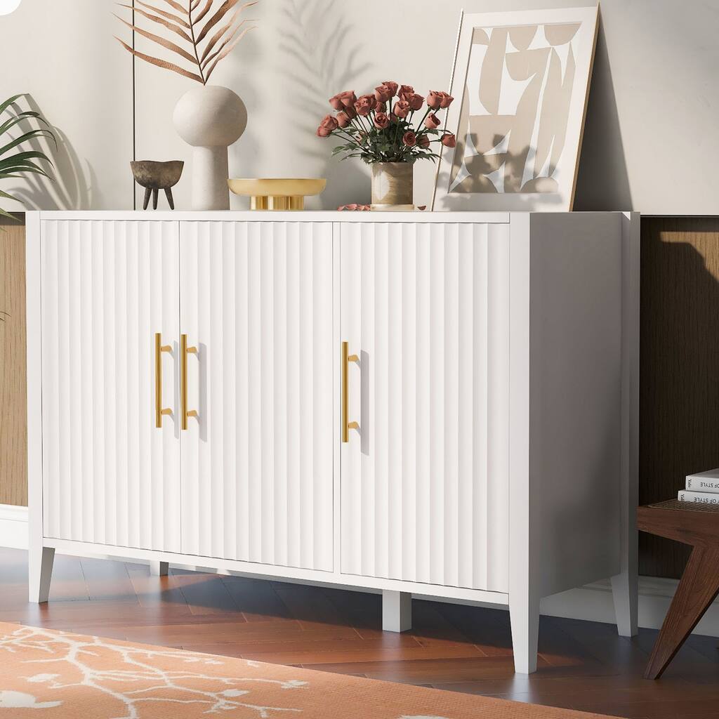 Roomfitters Sideboard Buffet Cabinet with 3 Door Mid-century Modern Fluted Accent Storage for Kitchen & Dining Room, White