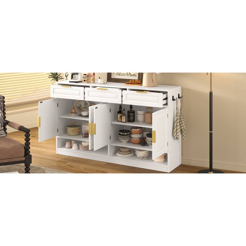 Roomfitters 59.1" Farmhouse Sideboard Buffet Cabinet with 3 Drawers and 4 Doors, Kitchen Storage with Open Shelf